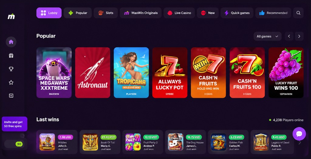 Interfaz del lobby de MaxWin Casino con categorías, juegos populares y navegación visible