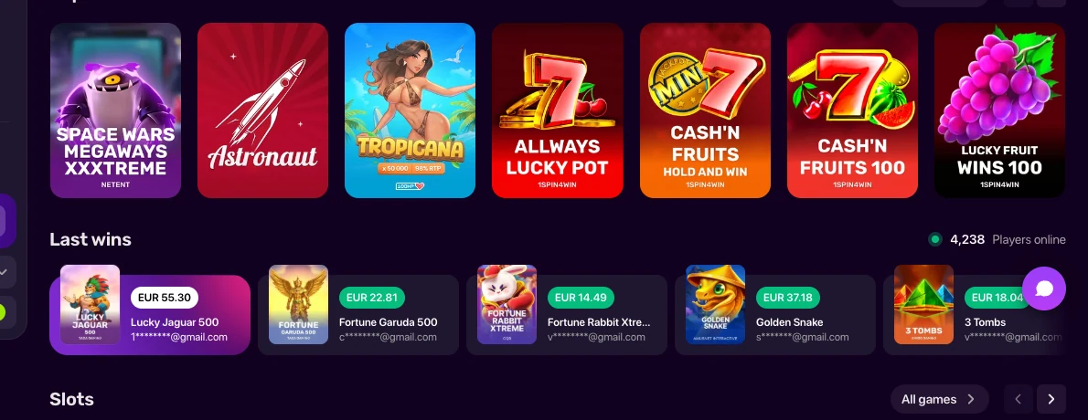 Vista del lobby de MaxWin Casino con pestañas de navegación y juegos populares